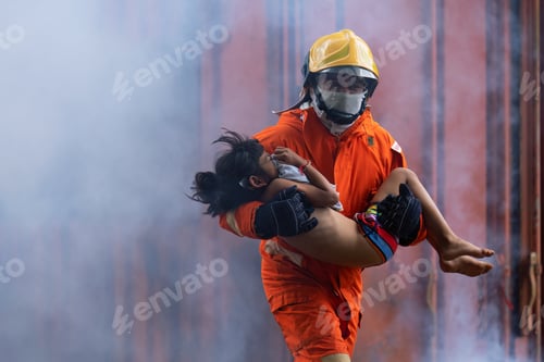 Preview: Fire fighting team rescue life saving young girl from fire burn and handover child through window