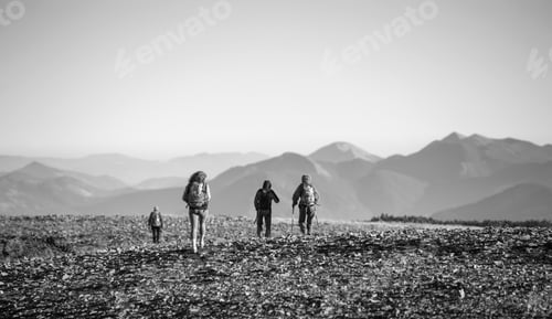 Preview: Four young athletic people walking on the rocky mountain plato