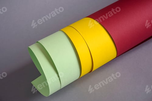 Preview: Rolled-up colored thick paper of red, yellow and green colors, on gray background.
