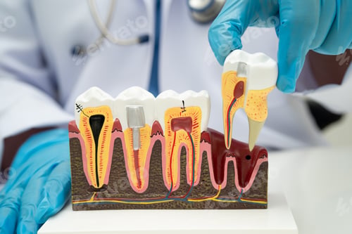 Preview: Asian dentist holding dental implant, artificial tooth roots into jaw