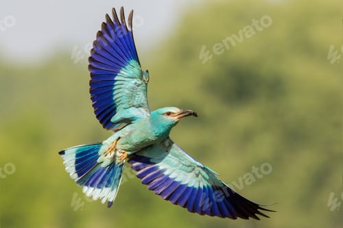 Preview: The european roller flying with open wings and green blurred background