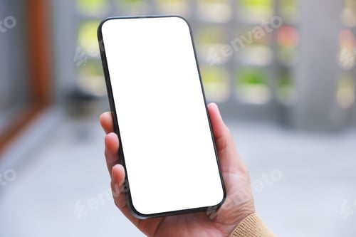 Preview: Mockup image of a woman holding mobile phone with blank desktop white screen