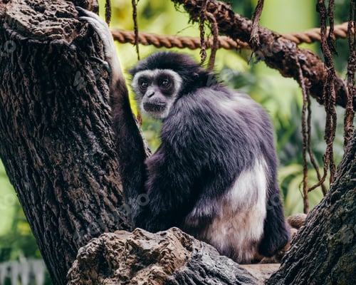 Preview: Adorable White Handed Gibbon sitting on a log at the Calgary Zoo