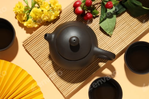 Preview: Asian tea concept, traditional dishes on yellow background.