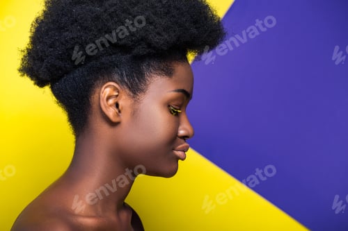 Preview: Side view of charming african american woman on yellow and purple