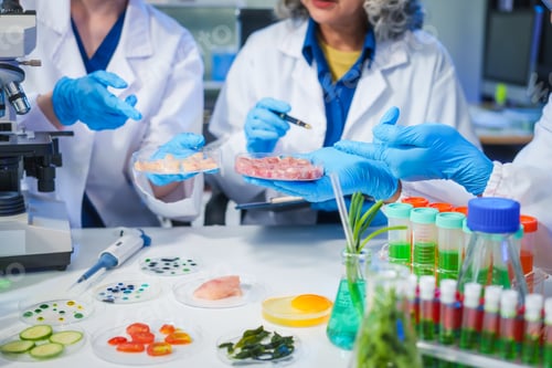 Preview: A male scientist and two women conduct plant research in a laboratory. microscopes, petri dishes