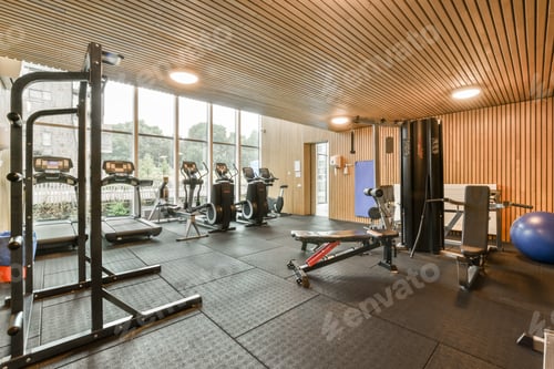 Preview: a gym with a lot of exercise equipment and windows