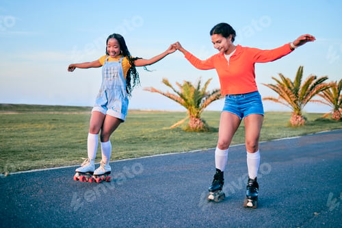 Preview: Holding hands, roller skates and friends on street for exercise, workout or training outdoor. Skati
