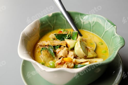 Preview: Thai Green Pork Curry On A Gray Background.