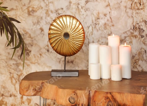 Preview: Burning candles and decoration on wooden table