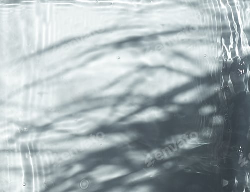 Preview: Transparent gray water surface texture with splashes and leaves shadows.