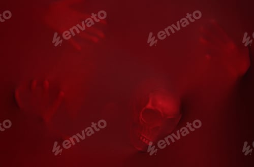 Preview: Silhouette of creepy ghost with skull behind red cloth