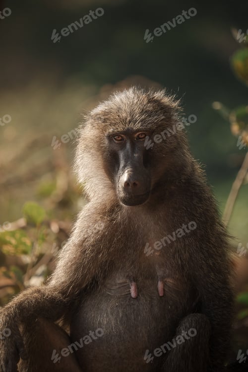 Preview: Olive baboon sitting and staring at lake manyara national park