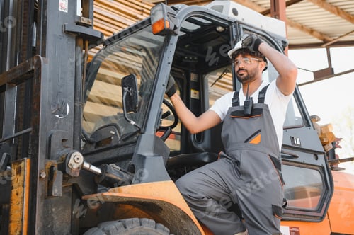 Preview: Warehouse worker wearing hardhat and safety glasses driving forklift
