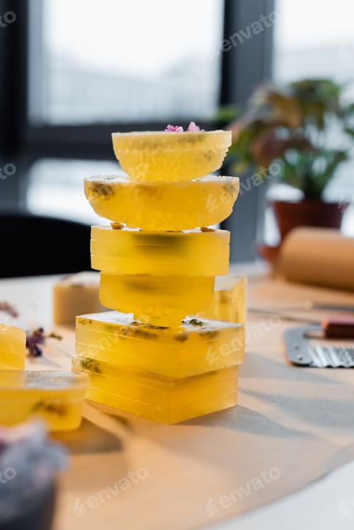 Preview: Craft soap bars on blurred table at home