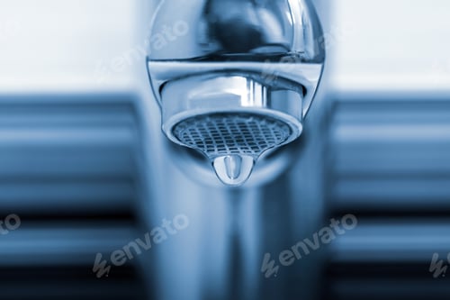 Preview: Water drop falling down from tap on blurred background, closeup