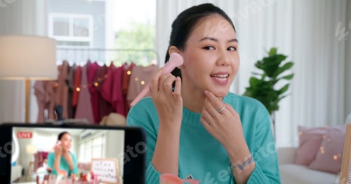 Preview: Asia woman micro influencer record live viral video camera at home studio.