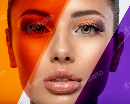 Preview: Glamour fashion model with bright gloss make-up posing at studio. Stylish fashionable concept.