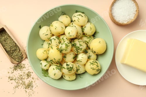 Preview: Concept of tasty food with boiled young potatoes, top view