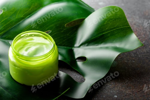Preview: Cosmetic cream on green leaf top view
