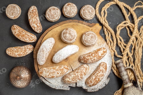 Preview: Top view of varied types of delicious cookies on and round a broken cutting board on dark background