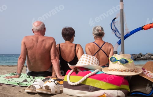 Preview: Rear view of three friends enjoying holidays at the beach sitting on the sand and looking at horizon