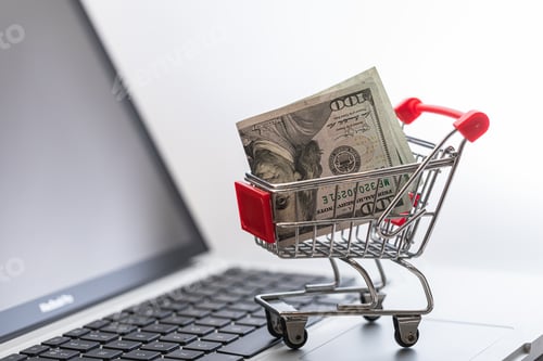 Preview: Miniature shopping cart with the US dollar bill inside