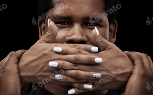 Preview: Hands, mouth and silence for man, victim or cover to stop freedom of speech for human rights by bla