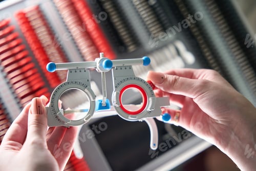 Preview: Woman is holding a special ophthalmic gadget in her hands