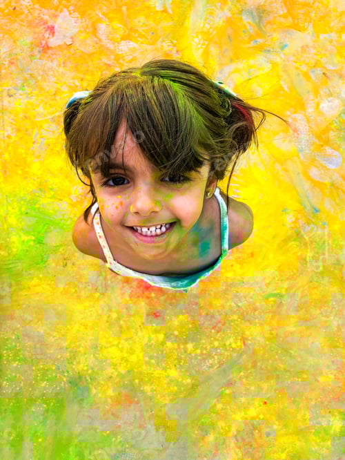 Preview: Laughing girl with paint stained her face.