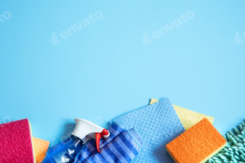 Preview: Composition with accessories for home cleaning and keeping clean copy space.