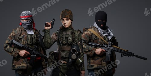 Preview: Radical militants in camouflage group portrait