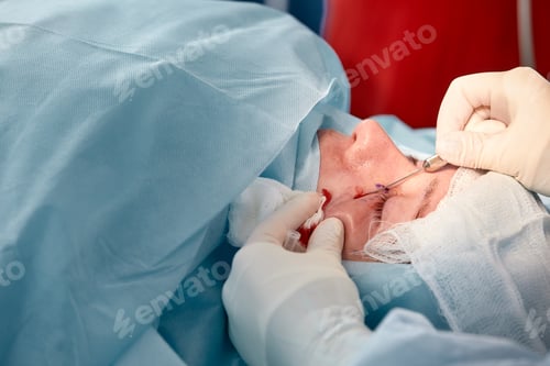 Preview: Close up of the face of a patient who is undergoing blepharoplasty. The surgeon cuts the eyelid and
