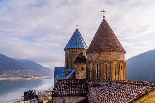 Preview: Aerial scenic view of the Ananuri Fortress Complex on the Aragvi River in Georgia