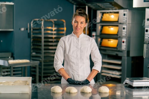Preview: Female baker stands behind a professional kitchen surface in a bakery with prepared dough for baking