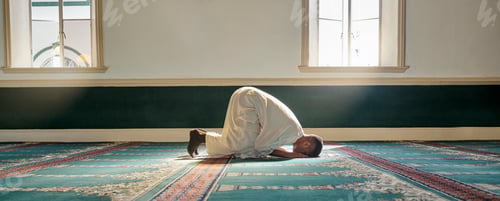 Preview: Mosque, worship and muslim man in prayer on his knees for gratitude, support or ramadan for spiritu