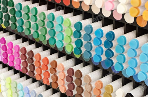 Preview: A variety of markers in various colors on a display of products for artists