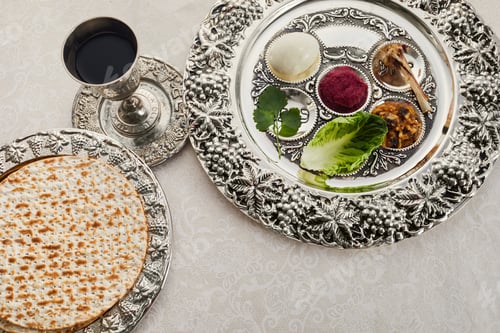 Preview: Composition with symbolic Passover, Pesach, items and meal on vintage background,
