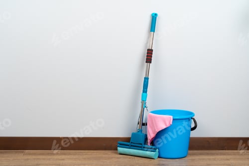 Preview: Cleaning tools for house cleaning on wooden floor
