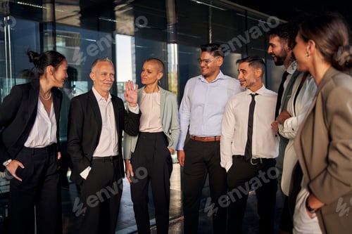 Preview: Attractive gray-haired Caucasian man team leader happy greeting staff various formal professionals.