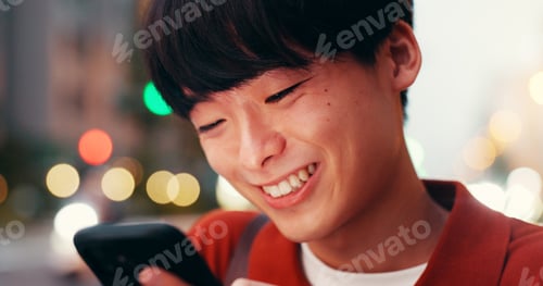 Preview: Happy, phone and Asian man in city for social media, online message and internet in evening. Travel