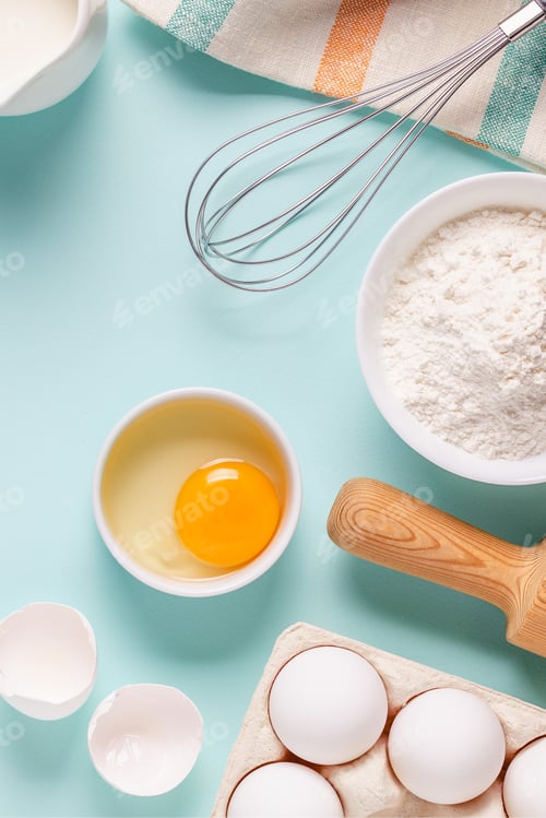 Preview: Baking or cooking background. Ingredients, kitchen items for baking.