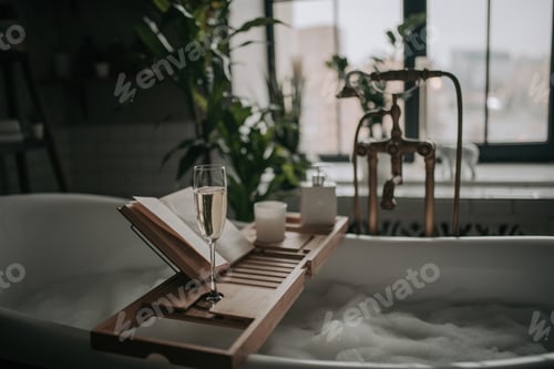 Preview: Luxury interior of eco style modern bathroom with oval bathtub and book on bamboo wood tray