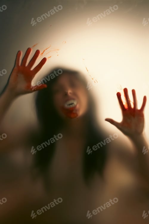 Preview: Shadowy vampire figure with blood behind glass - horror background