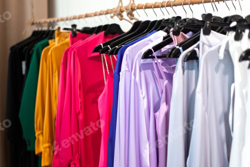 Preview: clothes bright colors on hangers in the store