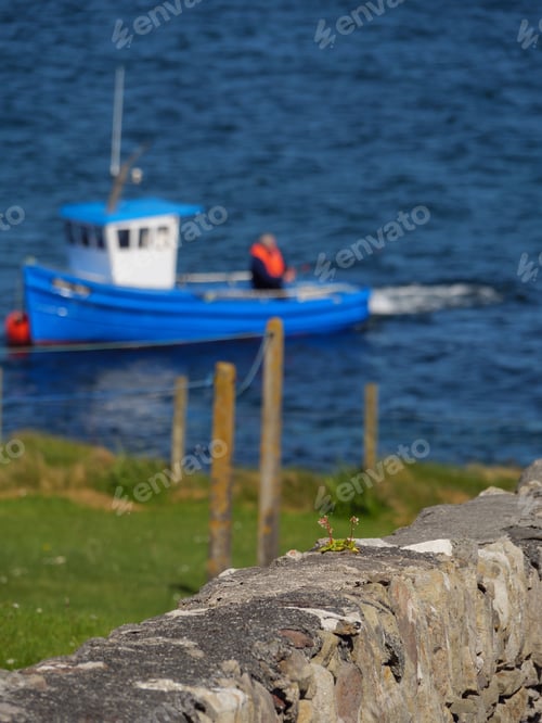 Preview: Idyllic scene of a small blue boat near a grassy green hillside, overlooking a peaceful lake