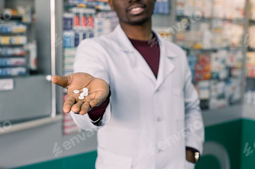 Preview: African-american young doctor or pharmacist offering pill in hand, standing over pharmacy background