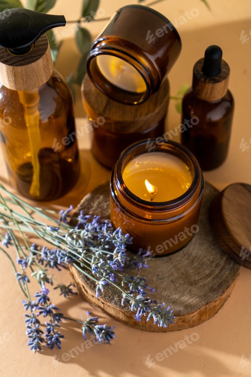 Preview: Soy candles in a glass jar. Aromatherapy. Burning candle and lavender.