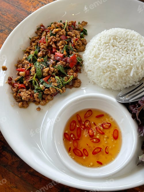 Preview: Rice topped with stir-fried pork and basil, Rice topped with stir fried minced pork and basil