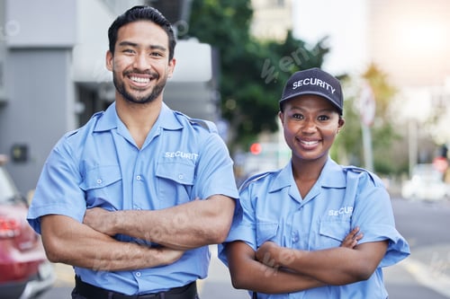 Preview: Woman, man and security guard portrait in city, arms crossed and happy for support, safety and team